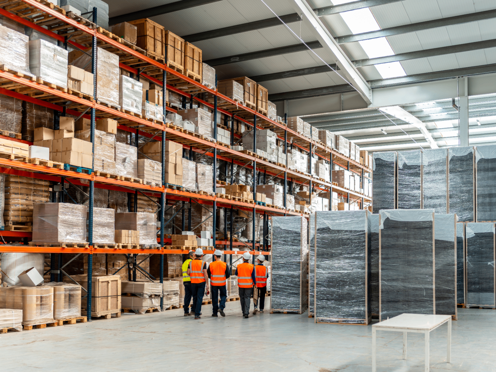 Operations leaders walking a large distribution warehouse aisle lined with tall racking and stacked pallets